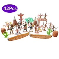 42pcs plastic indian cowboy model figures toy tent totem indians miniature playset kids children gift soldier set toys