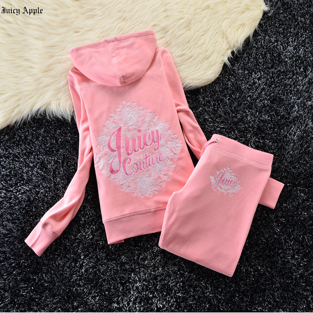 Juicy Apple Tracksuit Women Two Piece Set Hooded Sweatshirt Chic And Elegant Woman Pants Set Casual Outfits Clothes Sportswear