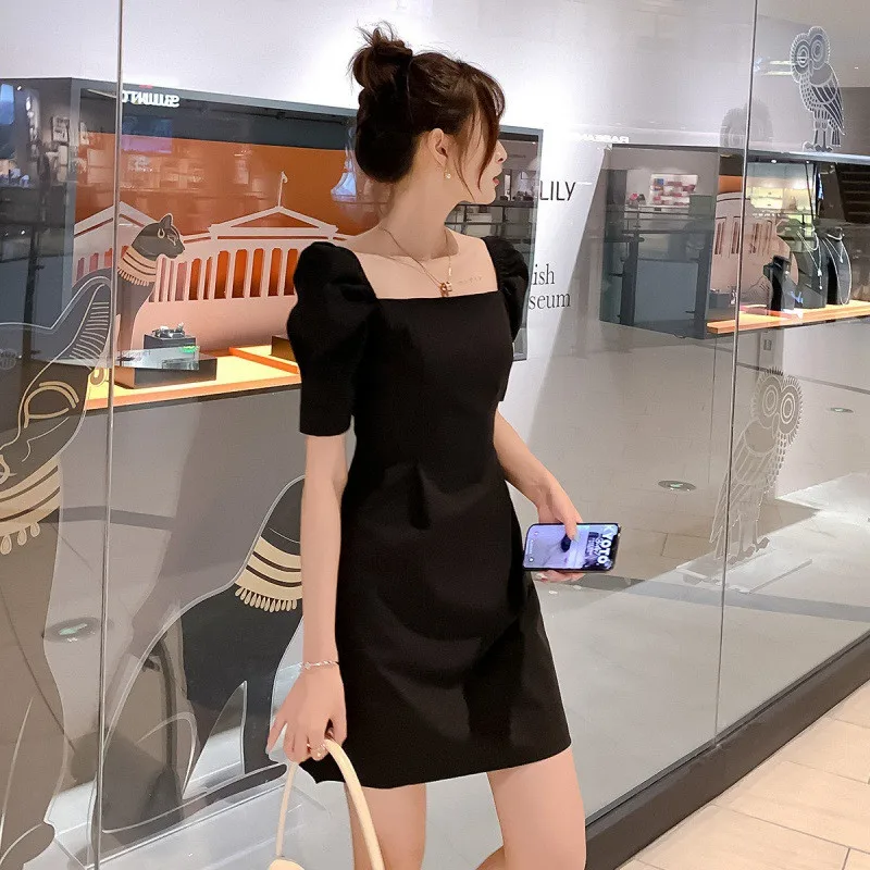 

Fashion Temperament Puff Sleeve Slash Neck A-Line Dress Women New Black Short Sleeve Summer Dress Plus Size Slim Casual Vestidos