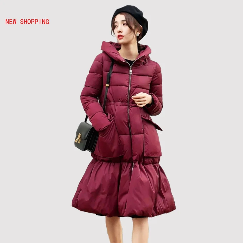 Winter New Jacket Women's Bread Warm Cotton Coat A-line Christmas Red Down Jacket Parkas Woman Vintage Slim Long Overcoats Black