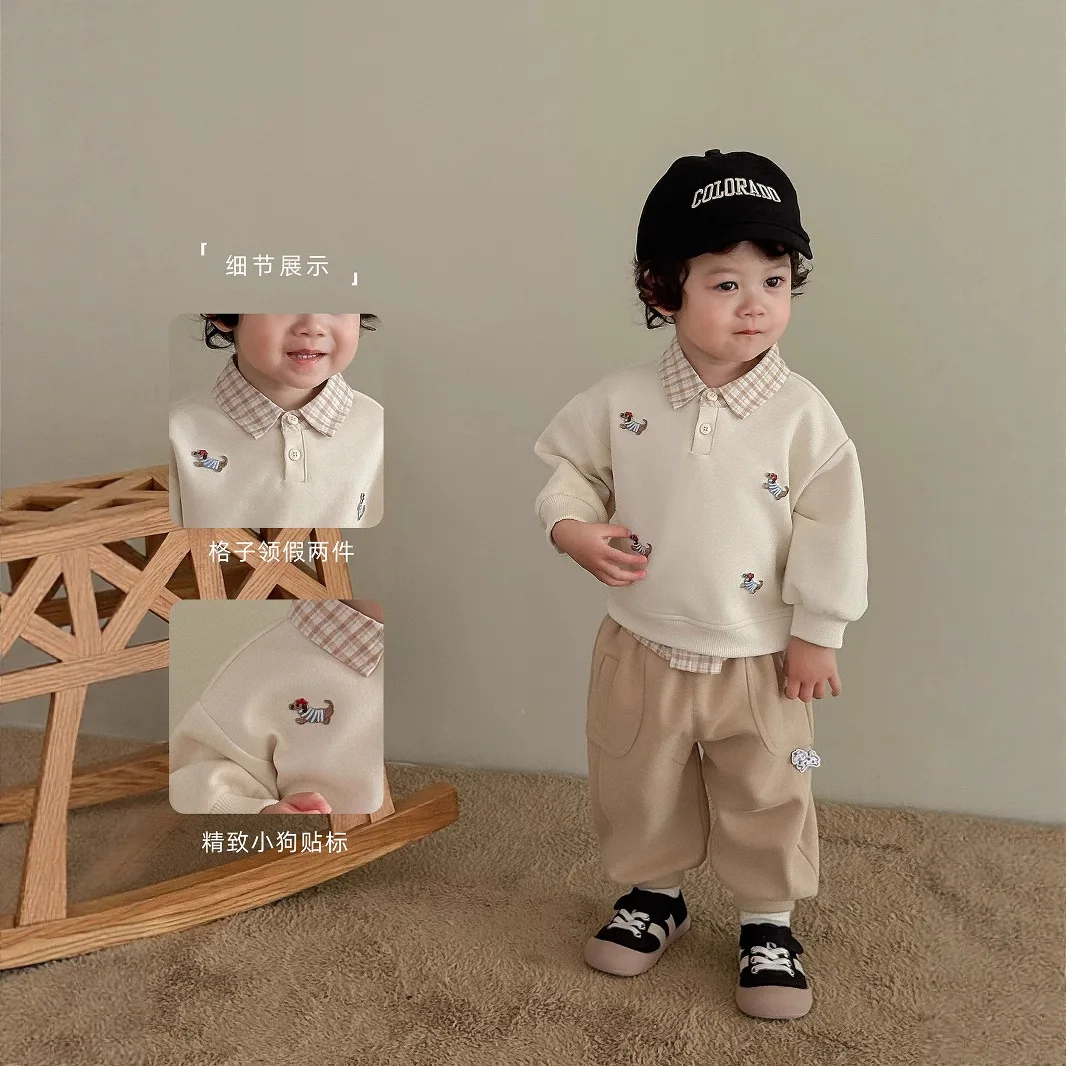 Фото Детский свитер с этикеткой 6438, новинка 2026 года, осенняя футболка с мультяшным принтом для мальчиков, имитация двухслойного пуловера для девочек №5
