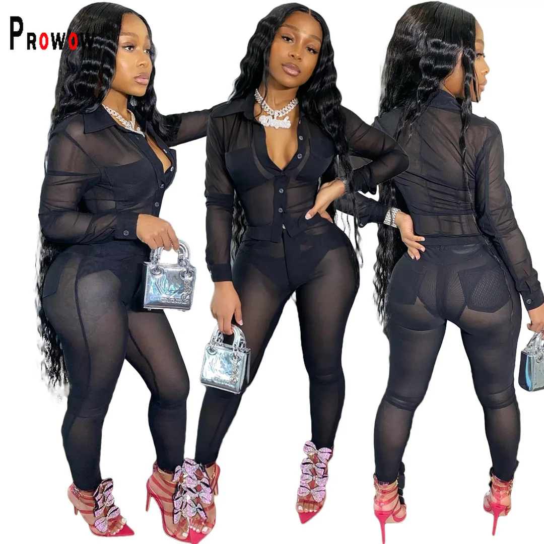 Prowow Sexy See Through Mesh Women Clothing Set Long Sleeve Blouse Pant Two Piece Lady Suits Black Spring 2022 New Yellow Outfit