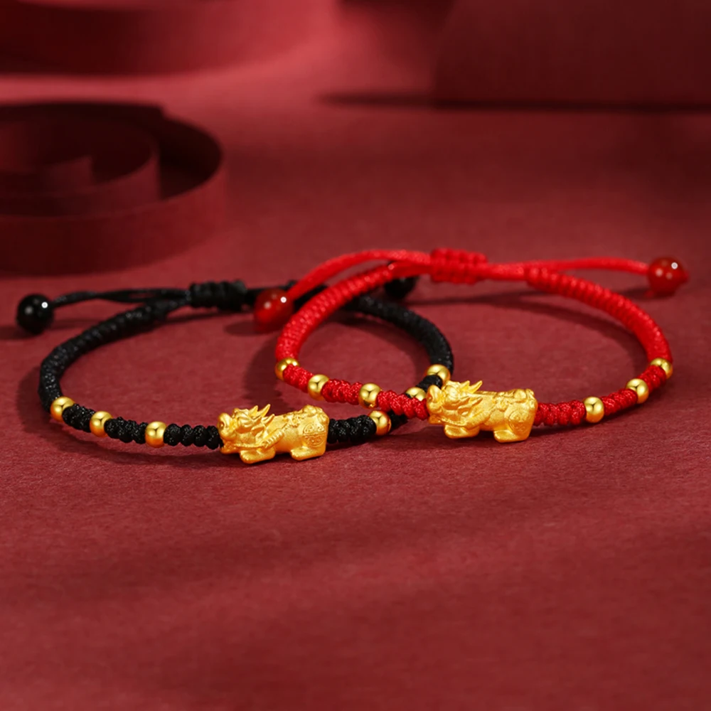 

1PCS Real 24K Yellow Gold 3D Lucky Coin Pixiu Gold Bead Knitted Bracelet