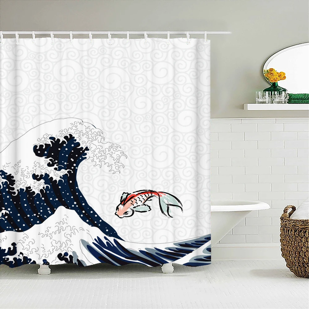 

Cortina de ducha de tejido con pulverizador Koi,cortinas de baño con diseño de olas marinas japonesas,flores de ciruelo,pantalla