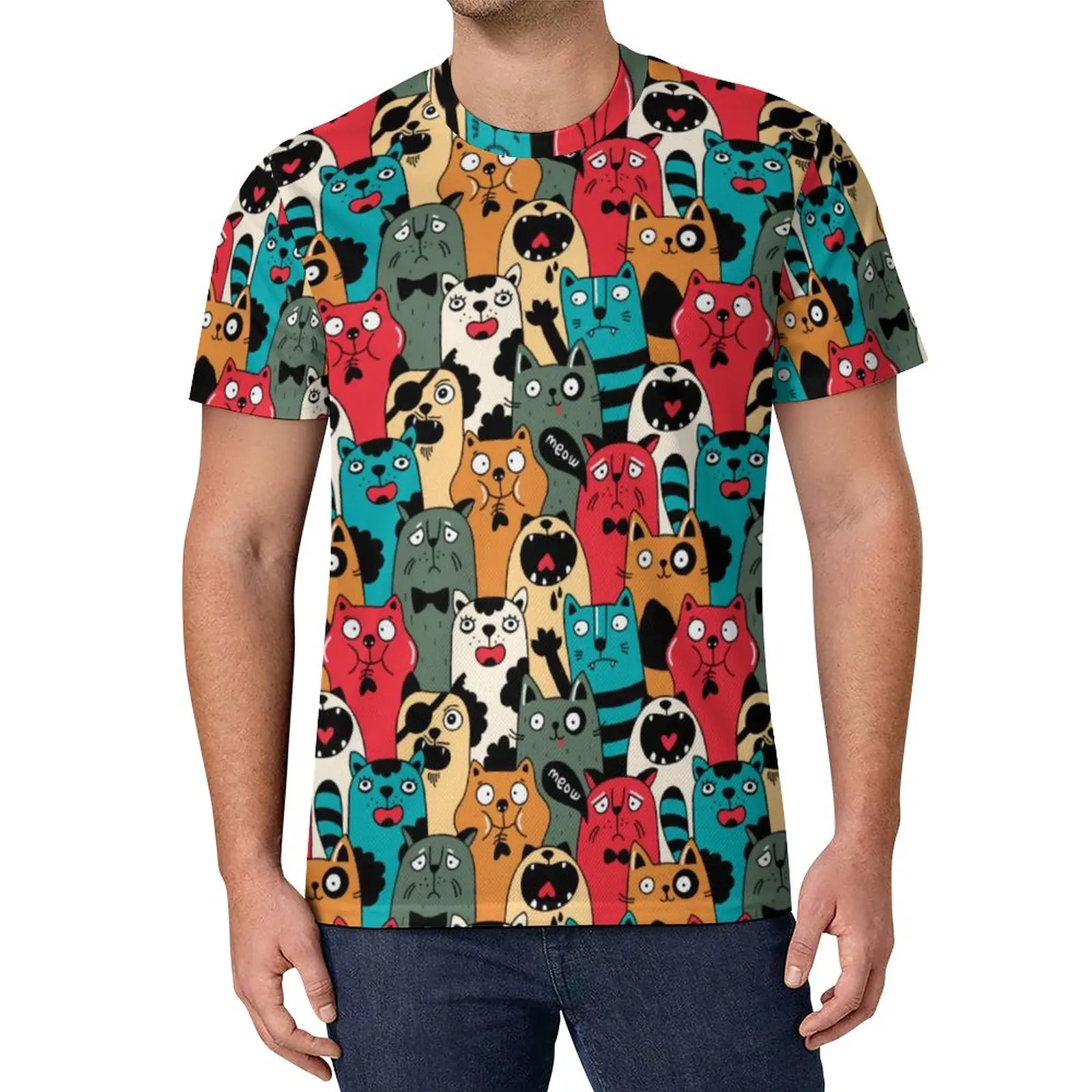 

The Crowd of Cats T-Shirt Funny Animal Print Casual T-Shirts Vintage Tshirt Male Design Tees Large Size