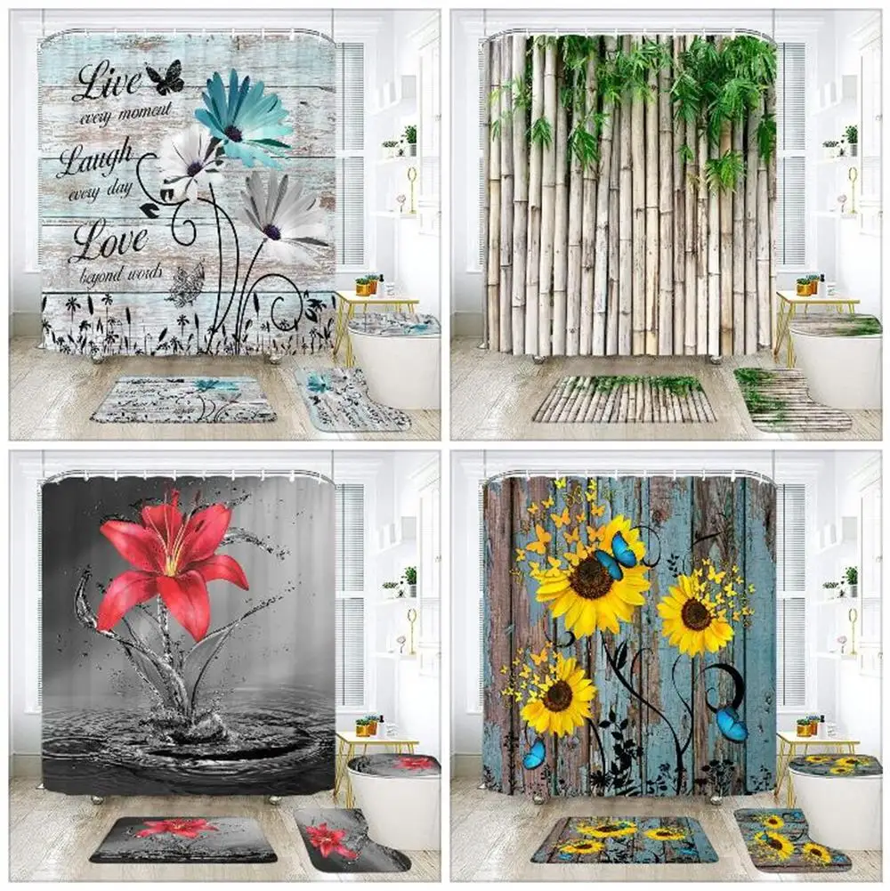 

Rustic Wooden Panel Floral Shower Curtain Set Grey Floral Shower Curtains Butterfly Sunflower Farmhouse Style Art Bathroom Decor
