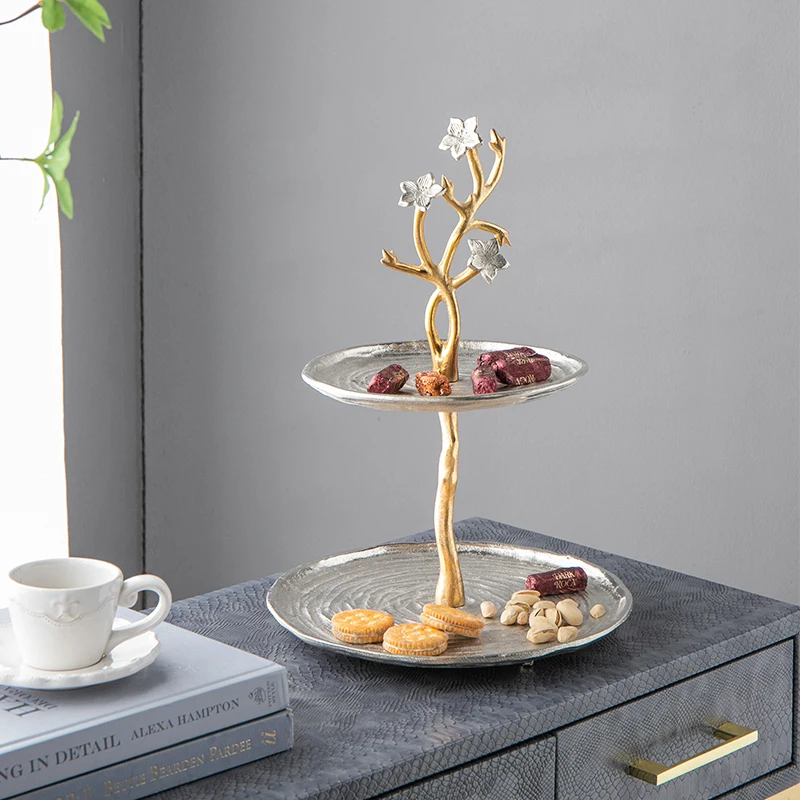 

Vintage Aluminum Fruit Plate Home Living Room Double-Layer Cake Stand Afternoon Tea Fruit Dessert Tray Decoration