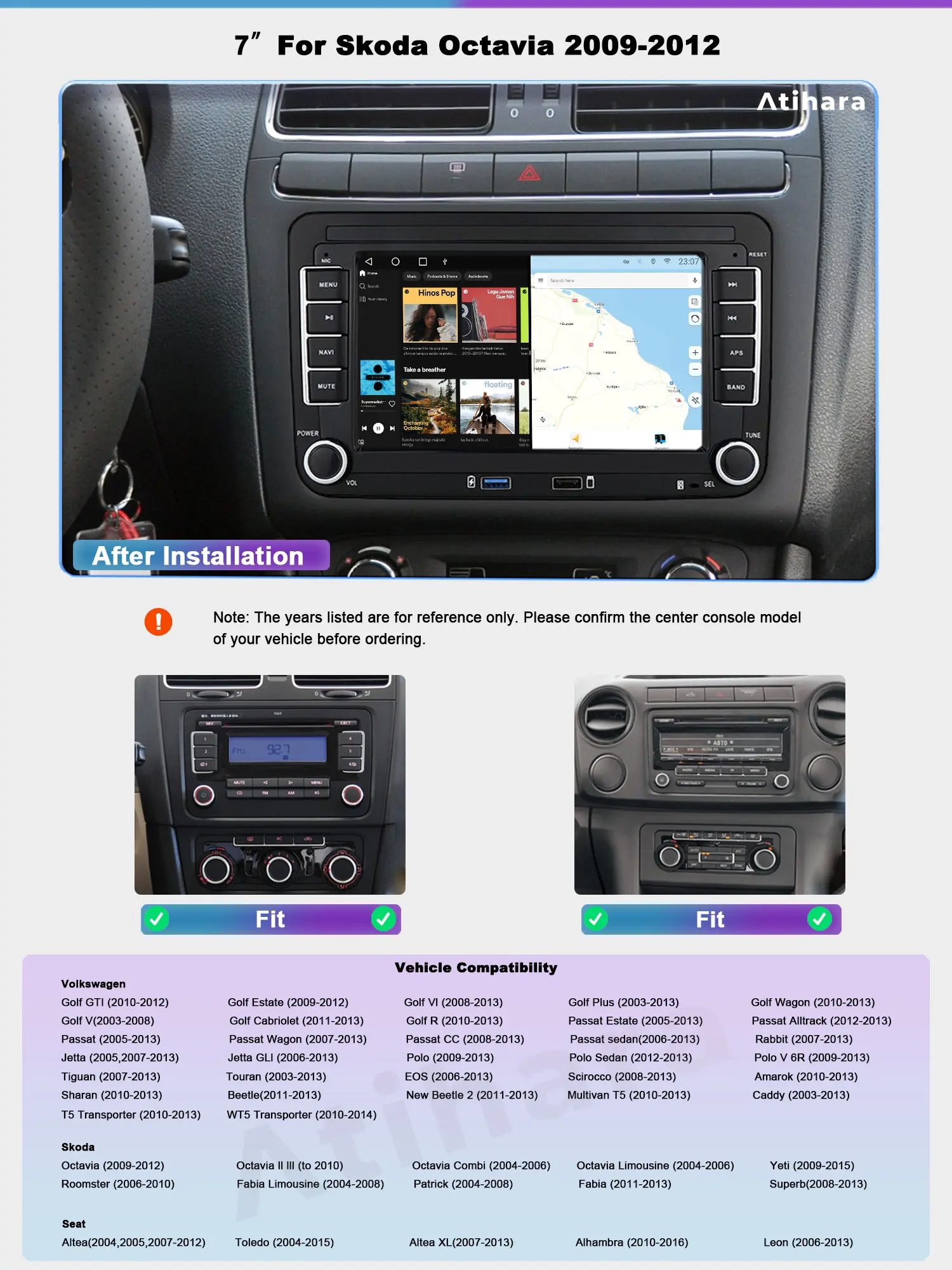 Atihara 7-дюймовый Android автомобильный радиоприемник для Skoda Octavia 2009-2012 2Din 4G + Wi-Fi GPS