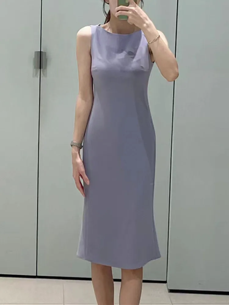 2023 Summer New Women Slash Neck Simple Mid-Length Dress Sleeveless Solid Color Slim Temperament Long Robe for Ladies