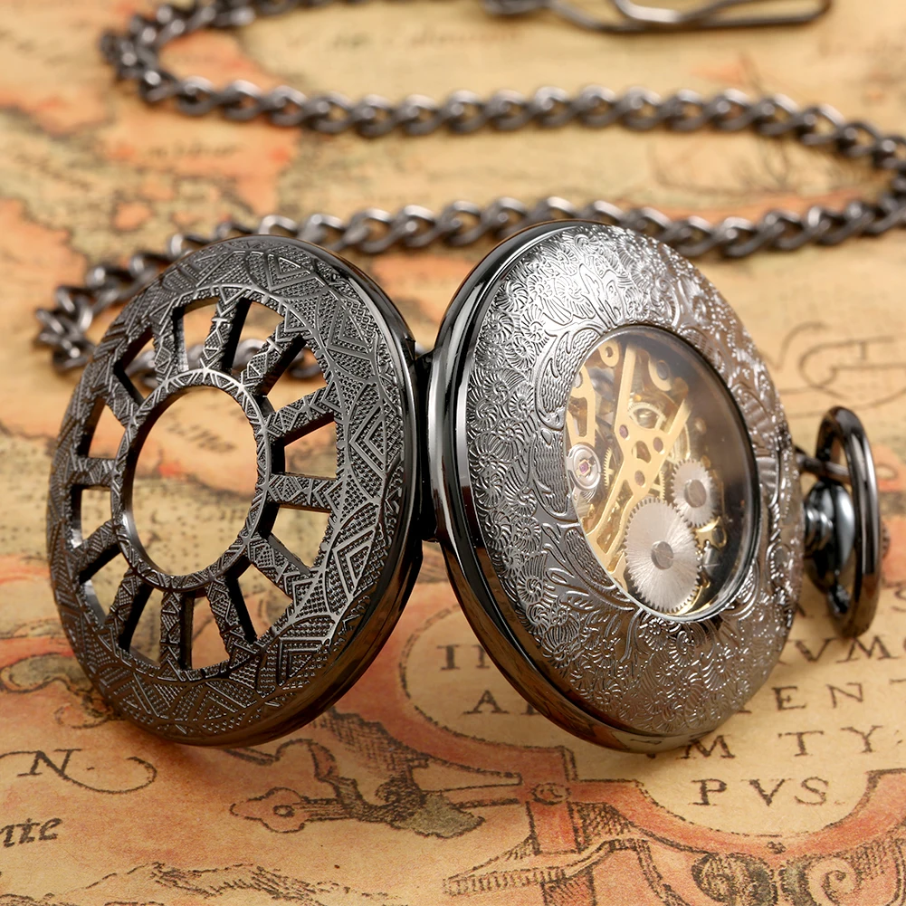 Black Hollow Hub Pattern Mechanical Pocket Watch Rose Gold Roman Numerals Display Luxury Vintage Fob Chain Pendant Antique Clock