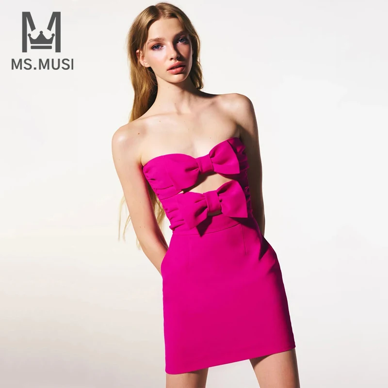 

Новинка 2023, модное женское сексуальное платье MSMUSI без бретелек, с бантом, без рукавов, с открытой спиной, Бандажное платье, обтягивающее мини-платье для клуба