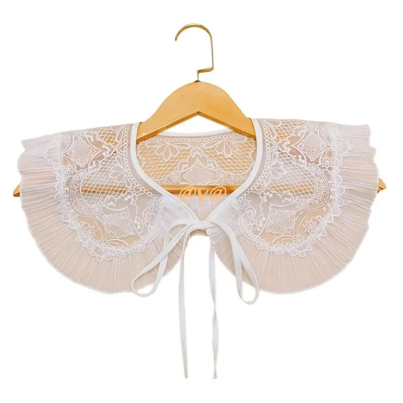 

Women Lolita White Chiffon Big Shawl Fake Collar Sweet Pleated Ruffled Trim Embroidery Floral Scarf Necklace DIY Sheer Mesh