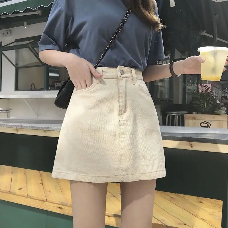 

Skirt Women's Solid Color A- Line Denim Pocket Button Mini High Waist Full Set Casual Korean Chic Simple Fashion Elegant