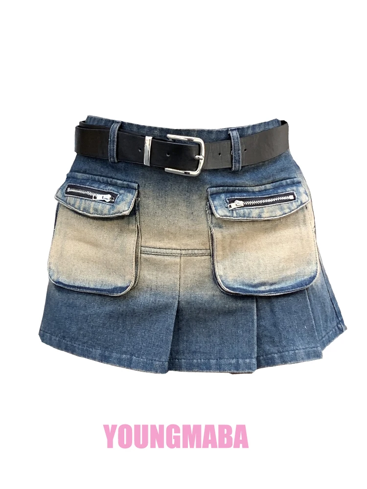 

Женская короткая джинсовая юбка с карманами, облегающая трапециевидная юбка с карманами в винтажном стиле, модель Y2k на лето