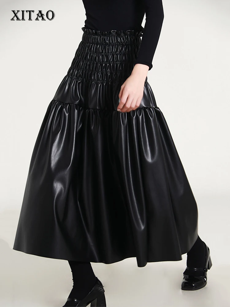 

Женская юбка-трапеция XITAO, черная плиссированная юбка из искусственной кожи в винтажном стиле, весна, новинка, ZY8396