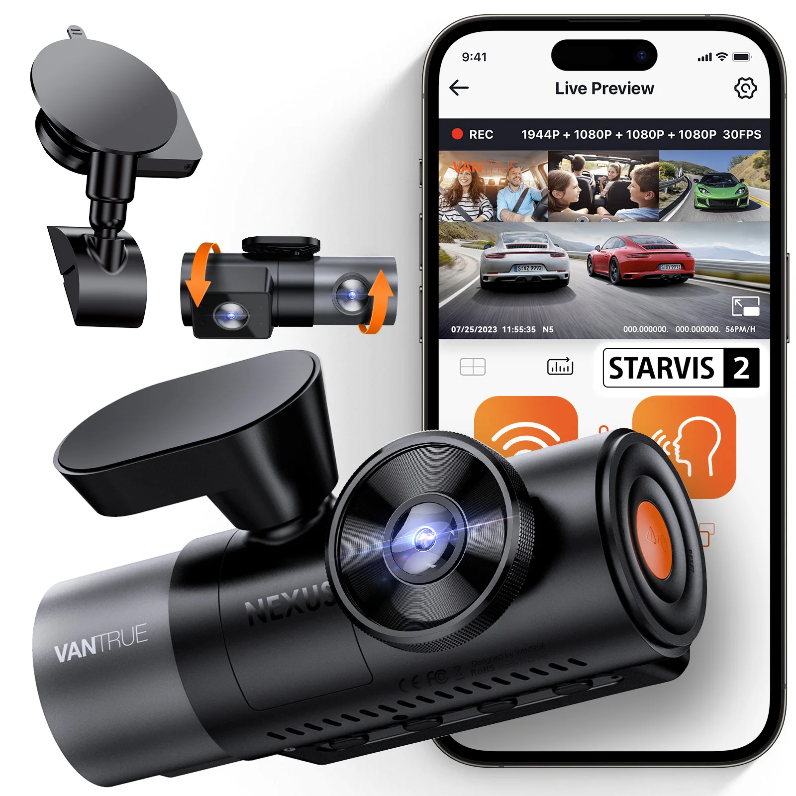 

Vantrue N5 DashCam 4-канальный Wi-Fi 360 ° Все стороны 2,7K + 1080P * 3 GPS-отслеживание, интеллектуальное голосовое управление, вращающаяся камера, автомобильные аксессуары