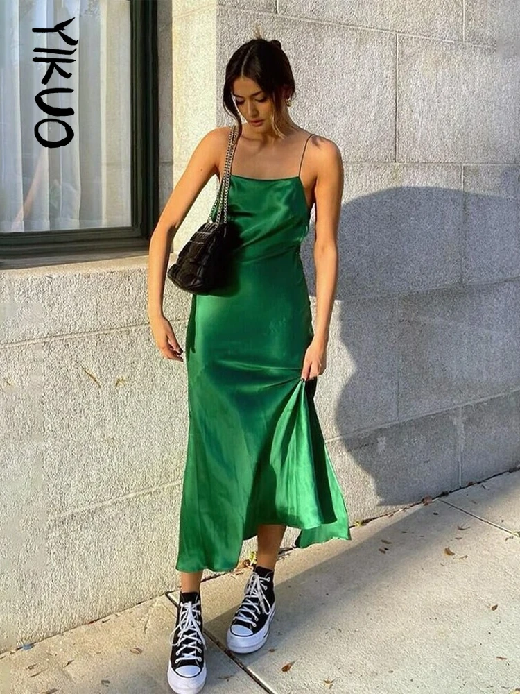 

YIKUO Green Satin Dress Backless Side Slit Sexy Strap Midi Dress 2022 Summer Women Elegant Evening Club Party Dress Sundress