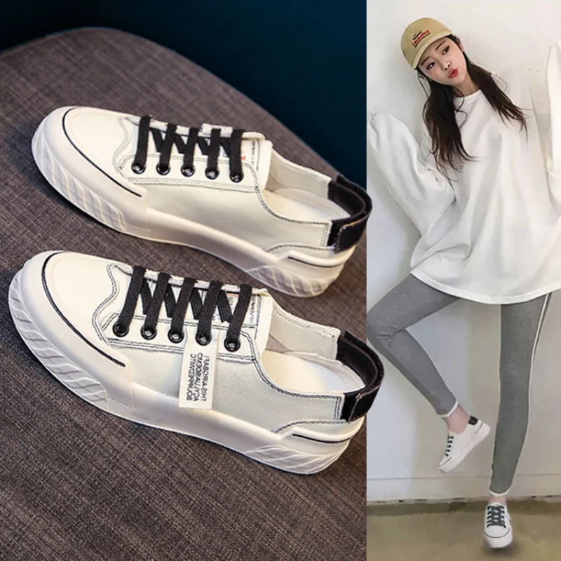

White Canvas Casual Women's Shoes Trend 2022 Hit Spring Comfortable and Elegant Flat Cute Fashion Low Autumn Chunky Woman Shoe