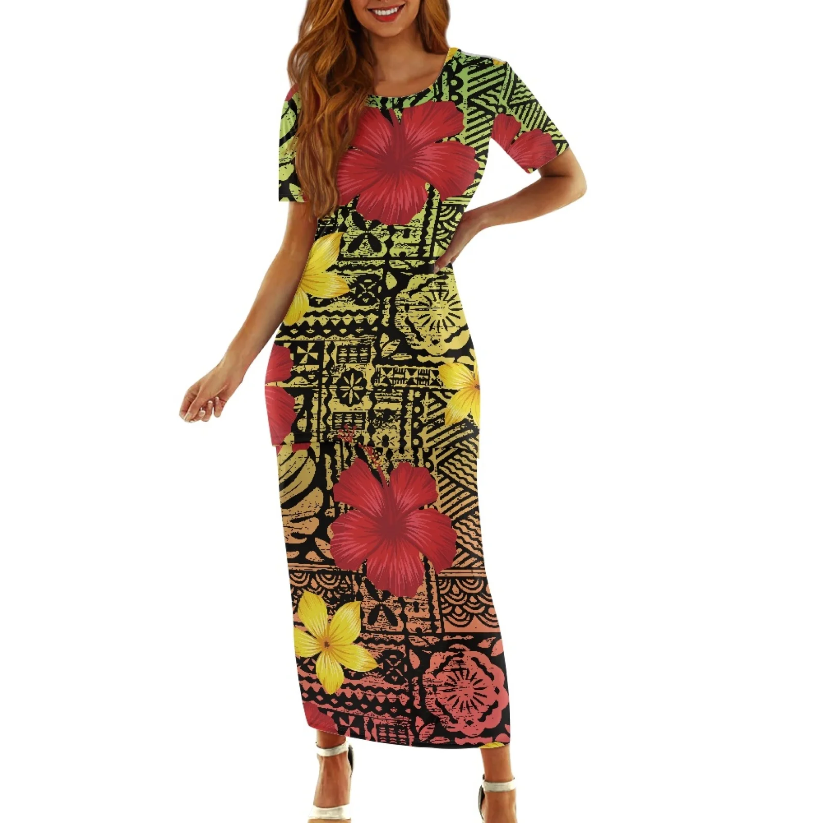 

Polynesian Tribal Samoan Totem Tattoo Samoa Prints Short Sleeve Close-Fitting Sand Party Dress Hibiscus Print Two Pieces Set