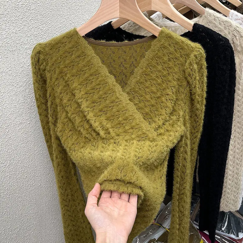 

Весенне-осенняя Корейская кружевная черная футболка с длинным рукавом и V-образным вырезом Женская тянущаяся рубашка Топ Модные топы E376