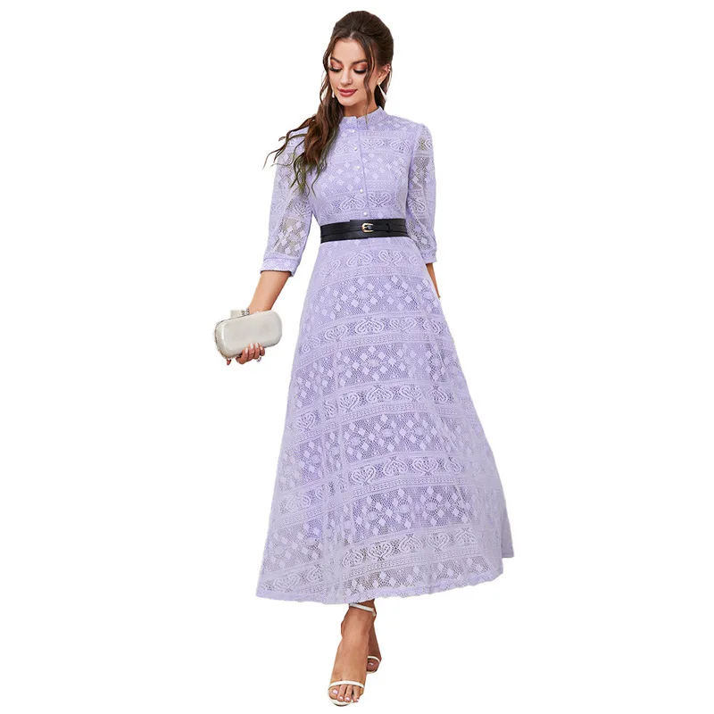 

Женское длинное кружевное платье-трапеция, элегантное платье с воротником-стойкой, рукавом 3/4, высокой талией и пуговицами, весна-лето