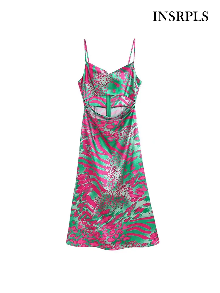 

INSRPLS Women Fashion Front Hollow Out Printed Satin Midi Dress Vintage Backless Zipper Thin Straps Female Dresses Vestidos