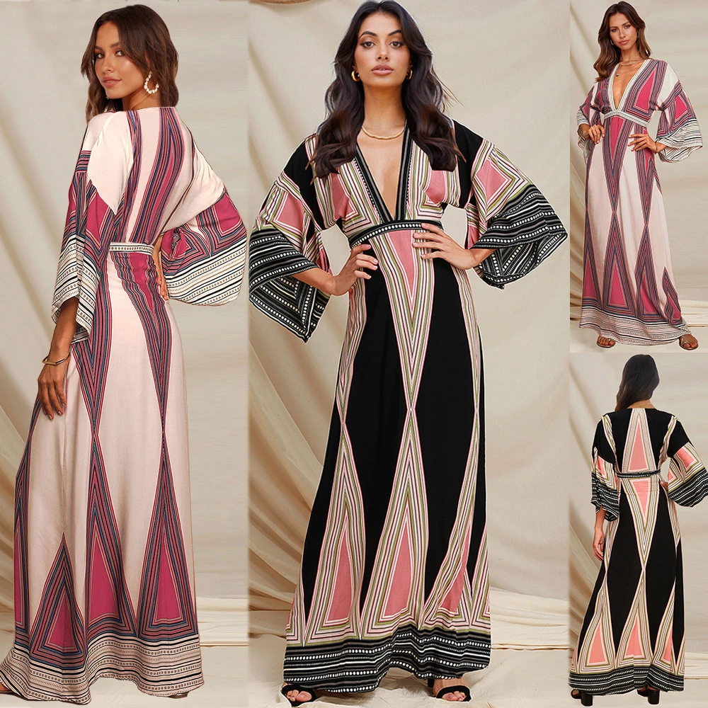 

2022 New Traditional Indian Wear Women's Maxi Dress Long Sleeve Robe Female Vintage African Casual Loose Deep V Sexy Skirt S-XXL