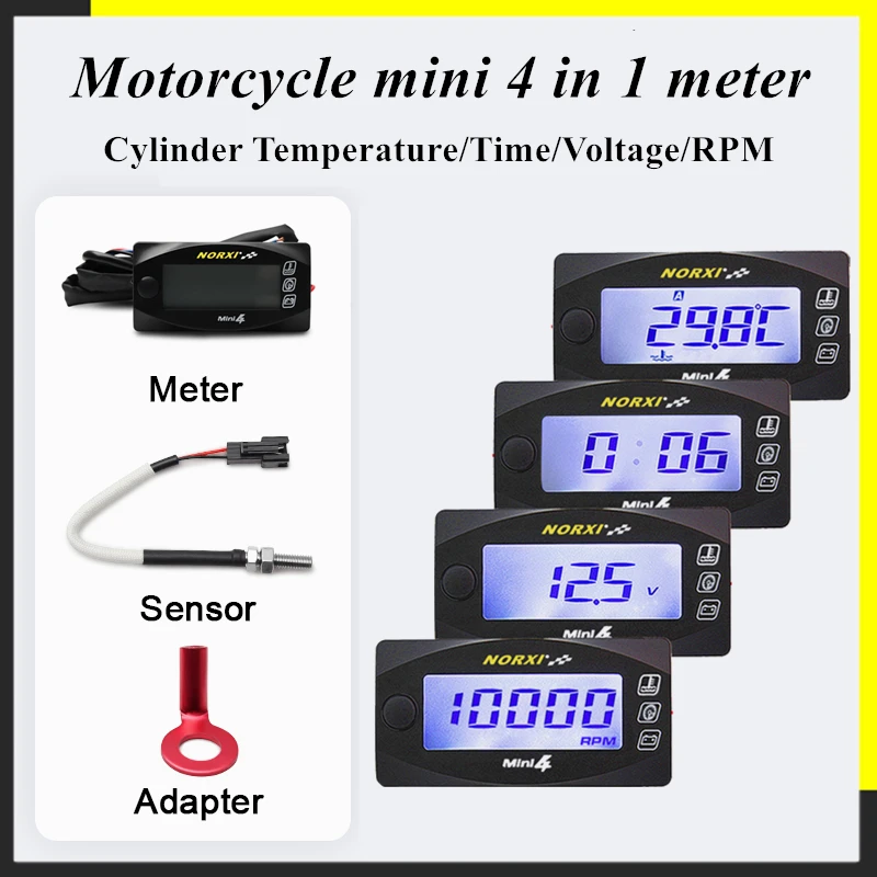 

tachometer Motorcycles cylinder head temperature Voltmeter Time RPM Tachometer Norxi Mini 4 in 1 LED Digital Display Quad meter