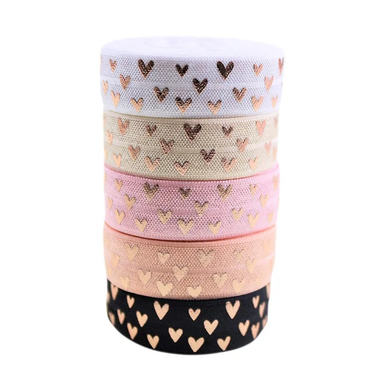 

5/8" 15MM Rose Gold Foil Heart Printed Fold Over Elastic Ribbon for DIY Metallic Spandex Band Head Wear Hair Tie Accessory