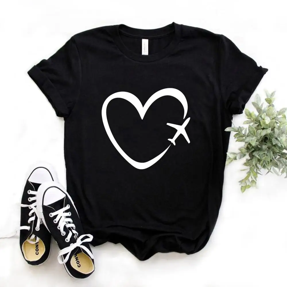 

Fashion Summer Tshirt Women Travel plane heart love Print tshirt Casual Funny t shirt Gift Lady Yong Girl Tops Tees