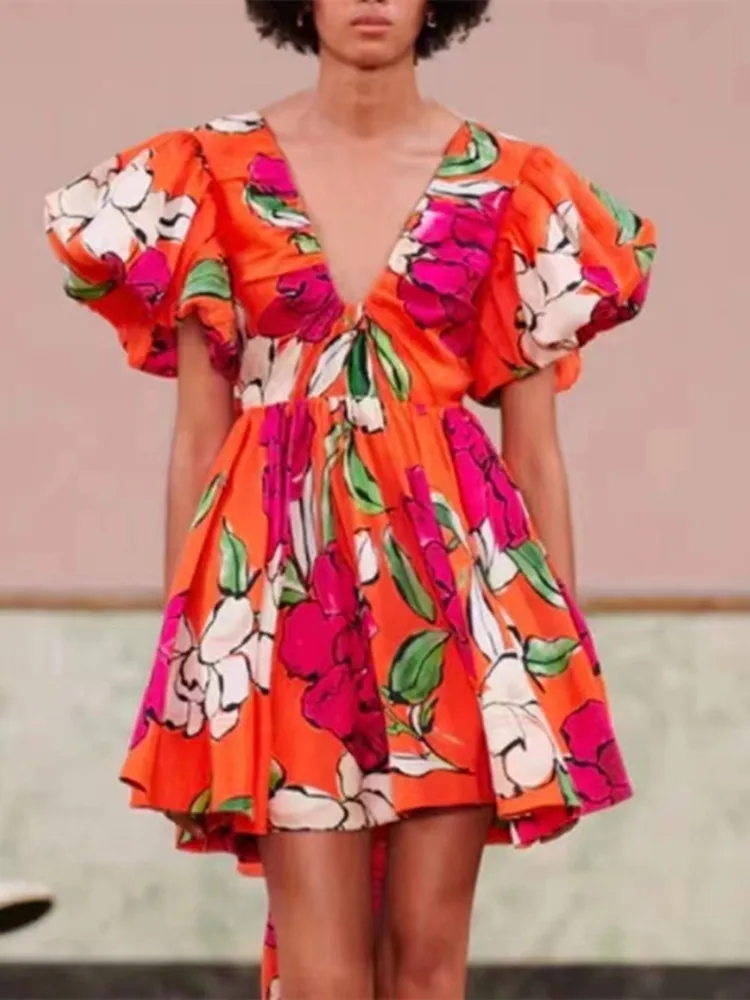 

Women Back Bow Dress 2022 new High Waist V-neck Pleated Puff Sleeve Female Mini Robe