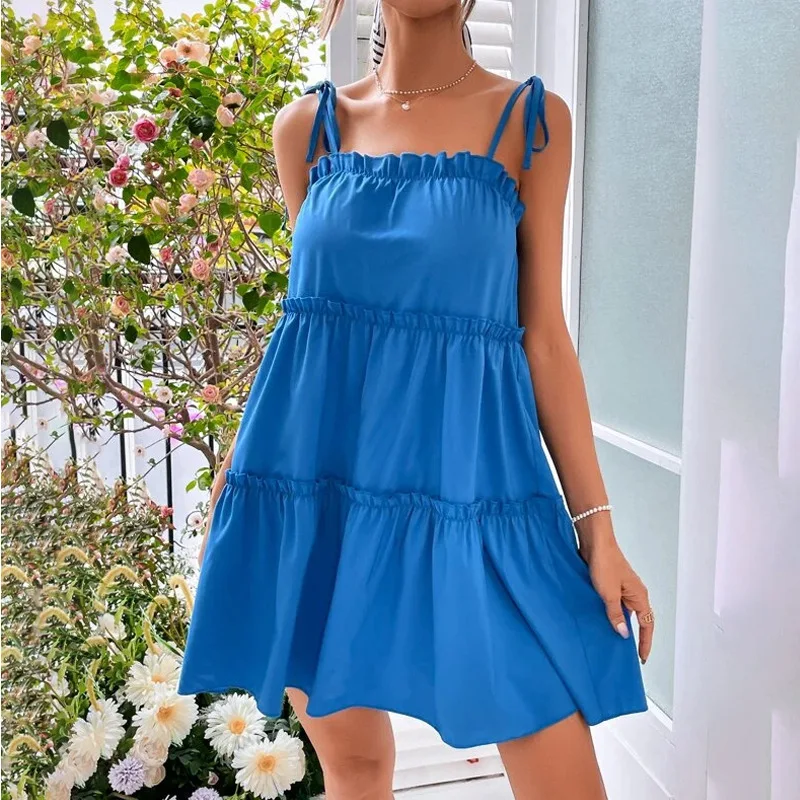 

Wepbel Summer Cute Dress Women Solid Color Wavy Splicing Sling Sleeveless Lace-up Dresses Spaghetti Strap Sexy Camis Dress