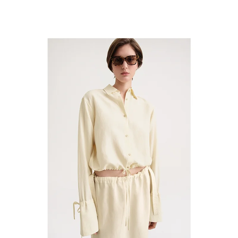 

IOO Spring 2023 New Vanilla Lycra Blend Short Versatile Fashion Drawstring Shirt Top Brand TOTE High Quality Free Shipping