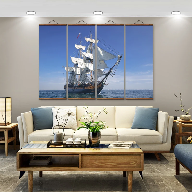 

MT0102 Chinese Style Sailboat At Sea Decorative Wall Art Canvas Posters Solid Wood Scroll Paintings