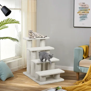 Fashion 24'' 4-Step Pet Stairs Carpeted Ladder Ramp 8 Scratching Post Cat Tree Climber, Cat Furniture ,Cute Cat Toy 2