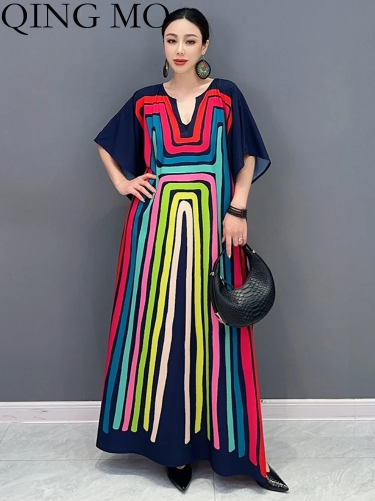 

QING MO2023 Summer New Women Fashion Casual Loose Long Dress V-neck Colorful Stripe Dress Personalized Girl Elegant Dress ZY157A