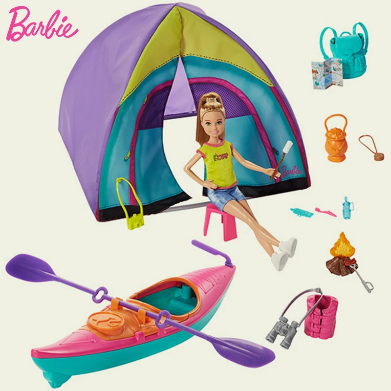 Original Barbie Team Stacie Chelsea Doll Sisters Summer Camping Scenario Set Princess Girls Toys for Children Play House Leisure
