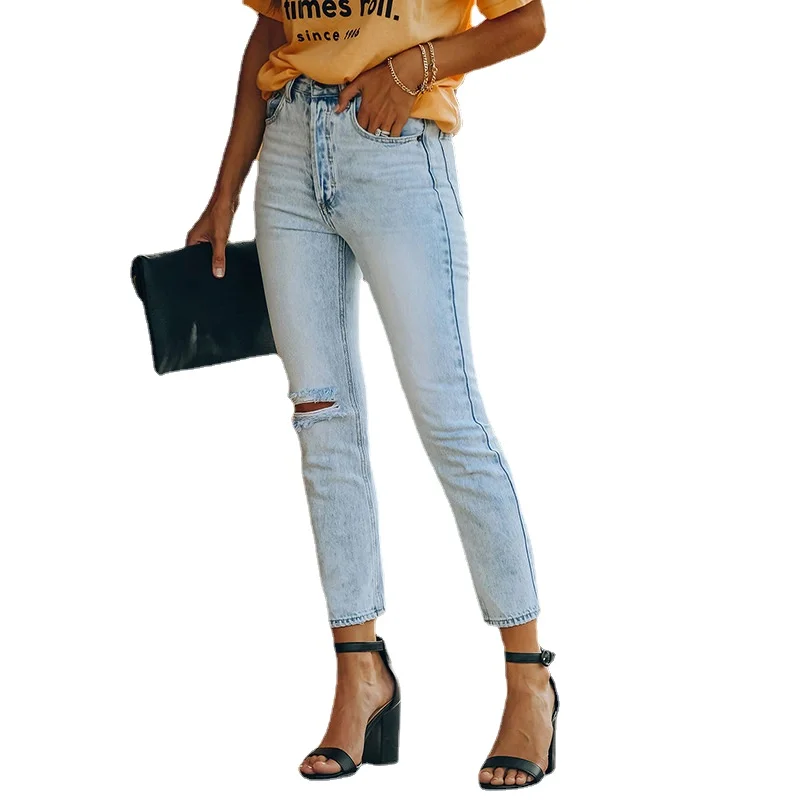 

Новинка 1081, модные эластичные прямые джинсовые брюки с дырками в европейском и американском стиле, женские леггинсы