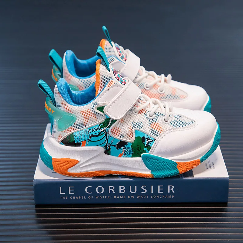 

Баскетбольные кроссовки для мальчиков, мягкая Нескользящая спортивная обувь на толстой подошве, сетчатые уличные, для спортзала