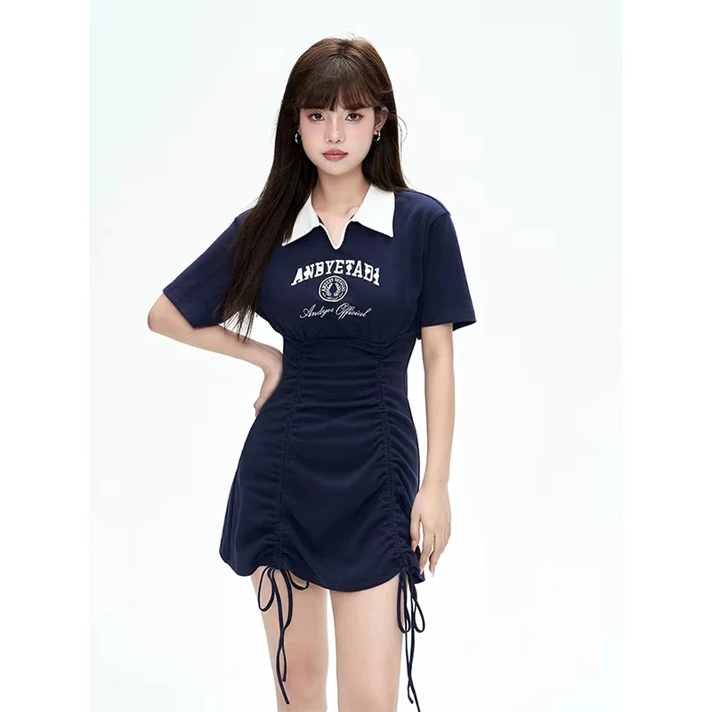 Women's Navy Blue POLO Collar Dress 2022 Summer American College Style Alphabet Print Drawstring Folds Niche Design Shirt Skirt