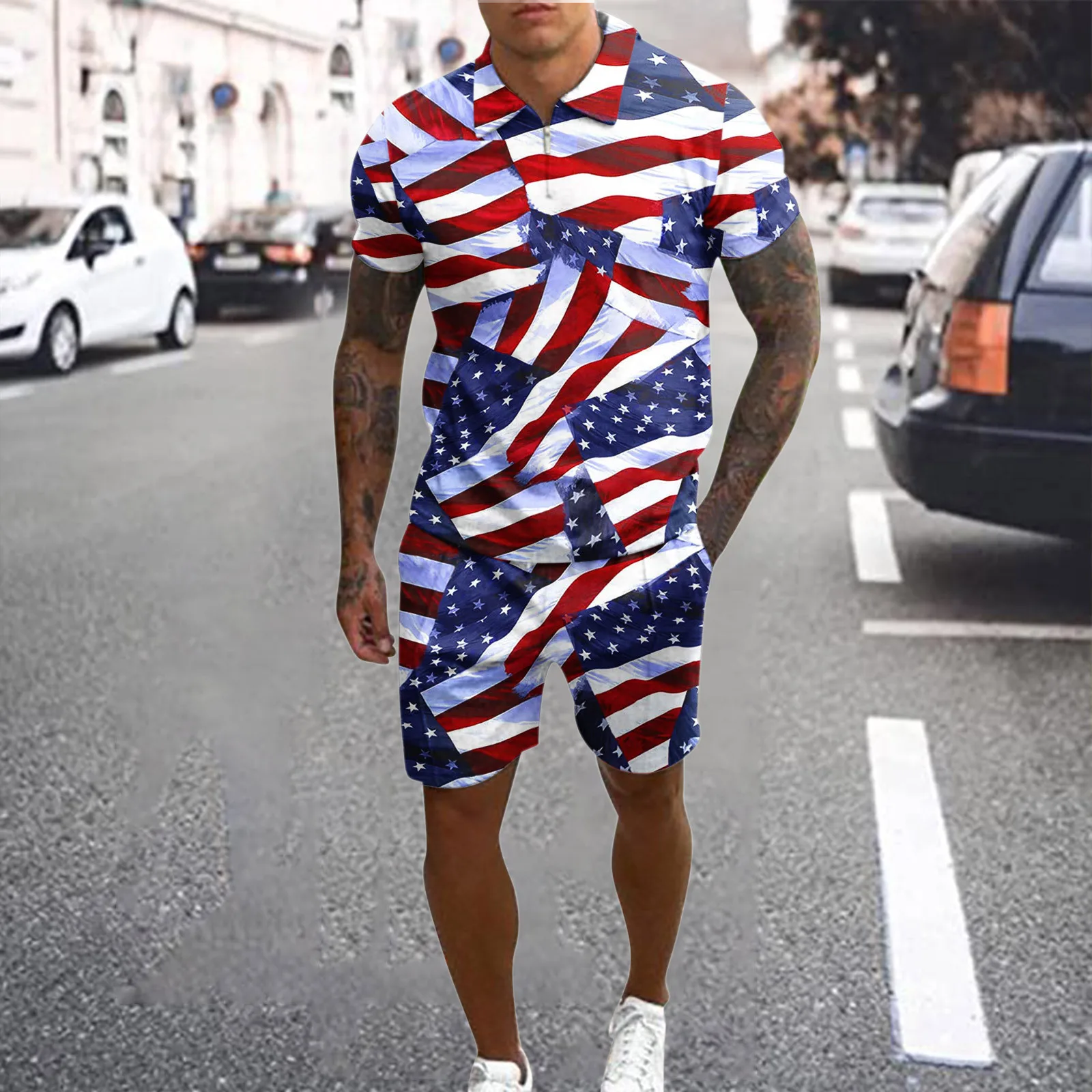 Stripe Print 2 Piece Suit Independence Day Tracksuit Lapel Collar Breathable Male Set Short Sleeve Conjuntos Cortos 4th Of July