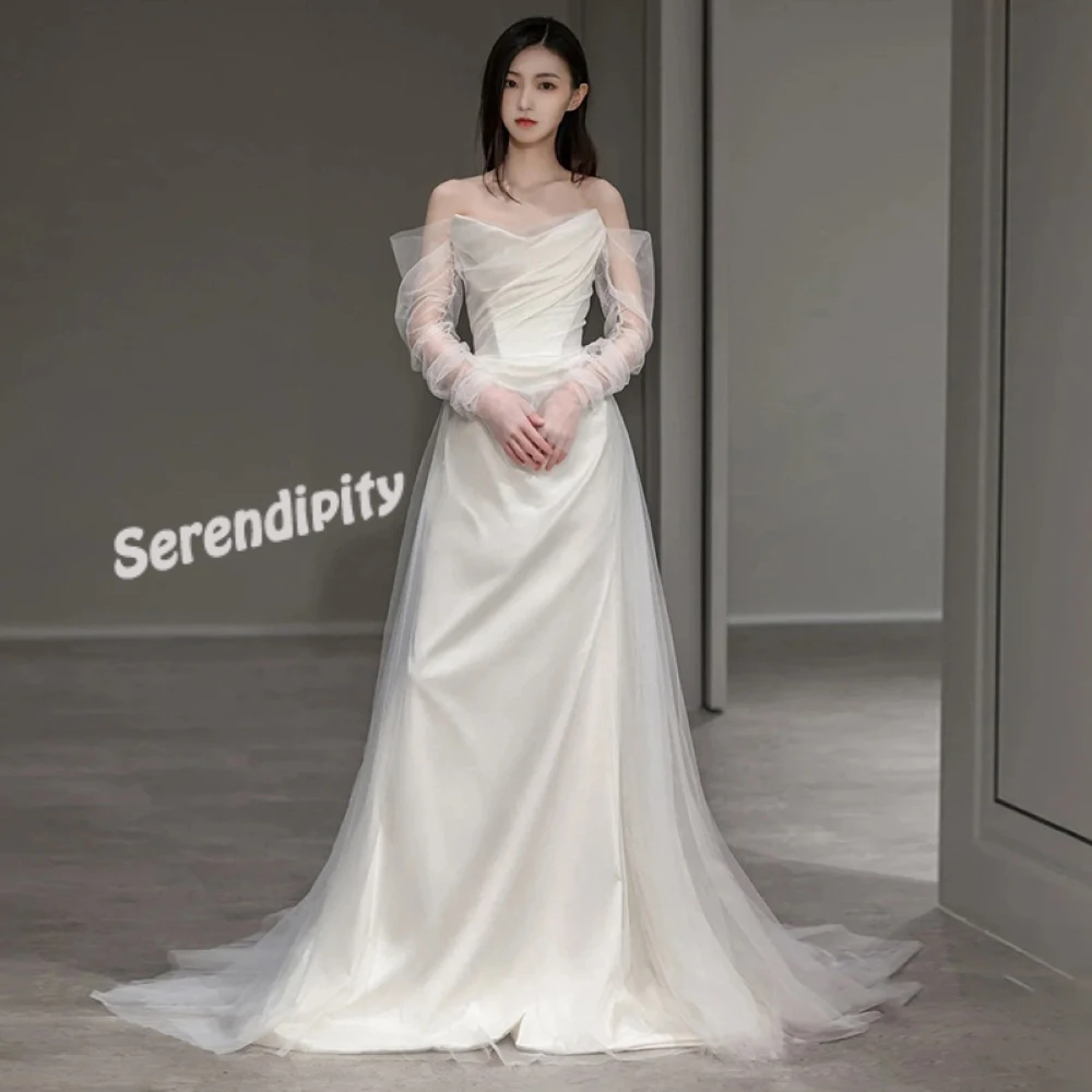 

Женское атласное свадебное платье с кружевным рукавом, со шлейфом