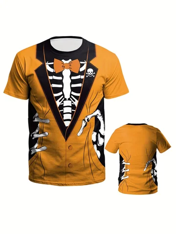 Мужская футболка с 3D принтом скелета на Хэллоуин — повседневная дышащая футболка из полиэстера с круглым вырезом и короткими рукавами для летних вечеринок