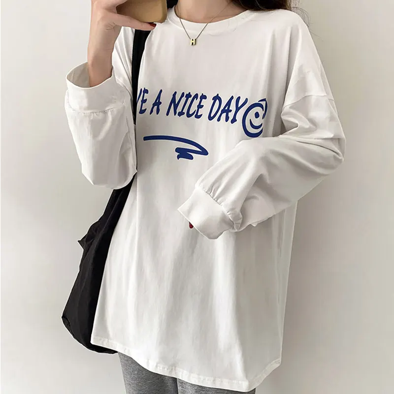 Korean Style Long Sleeve Letter T-shirt White Bottoming Shirt Women Autumn New Harajuku Loose Split Long Top Female