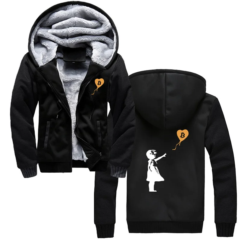 

Bitcoin Cryptocurrency Meme Bansky Balloon Girl Hoodie Vintage Men's Winter Thick Warm Sweatshirts Oversized Hooded Jackets