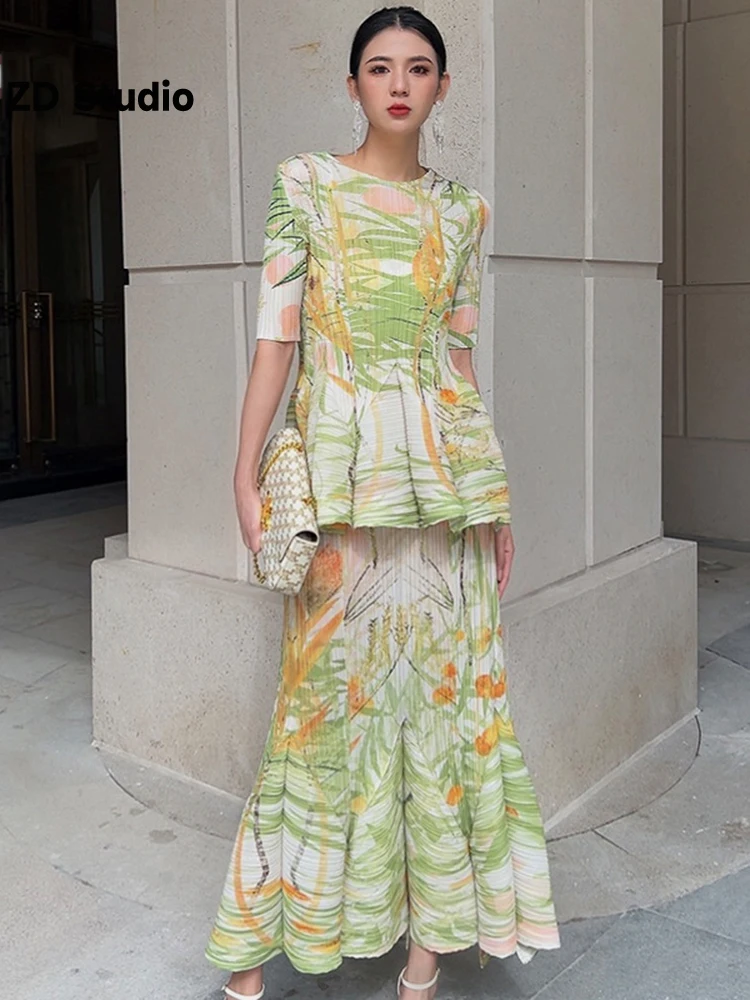 

[ZD Studio] 2 Pieces Set Printing Pleated Top With High Waist Fishtail Long Fold Skirt Female Vintage Sets Festival Clothing