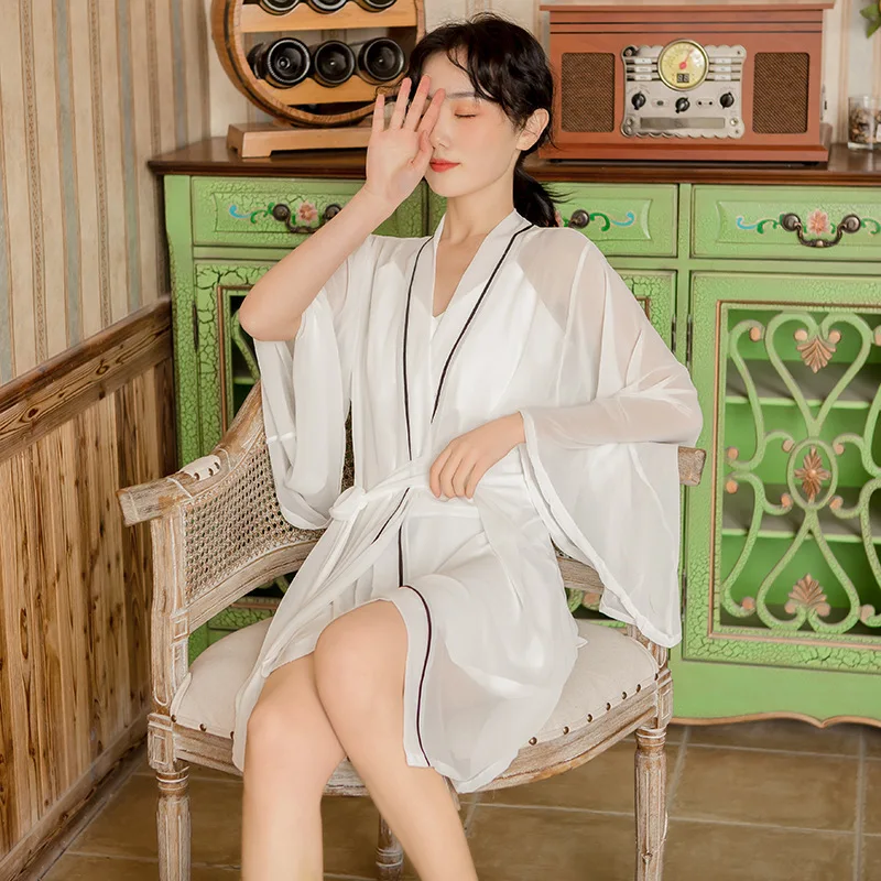 

Solid Color Robe Gown V Neck Chiffon Nightgown Sleep Dress Lace Homewear Nightdress Casual Mini Sleepwear Women Home Clothing