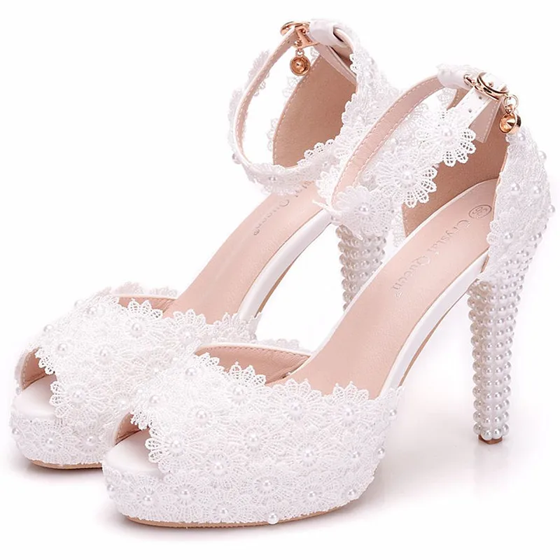 

Summer Woman White Lace Flower Pearl Sandal for Bridal Wedding 2022 Banquet Ankle Strap Crystal Shoes Elegant 11 Cm High Heels