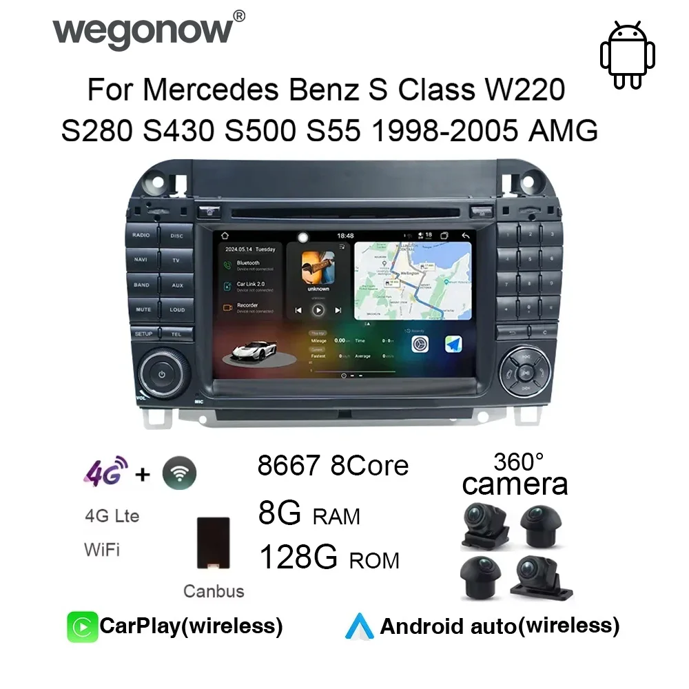 

Автомагнитола с CarPlay и мультимедиа для Mercedes-Benz S-класса W220 S280 S430 S500 S55 1998-2005 AMG, Android 13, GPS, WiFi
