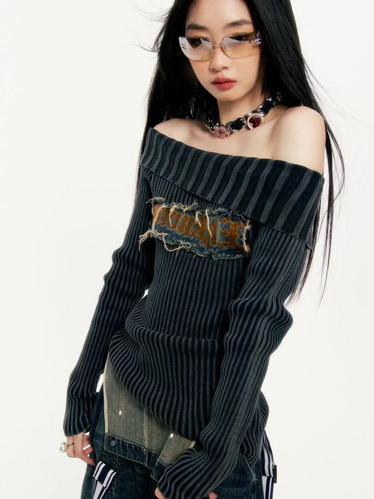 

Женский джемпер с вырезом лодочкой, винтажный свитер с Вышивкой Букв в готическом стиле, Облегающие джемперы в стиле Харадзюку, повседневна...